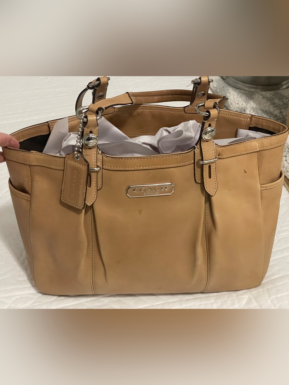 Vintage COACH Tan Leather Gallery Tote with Silver Plaque